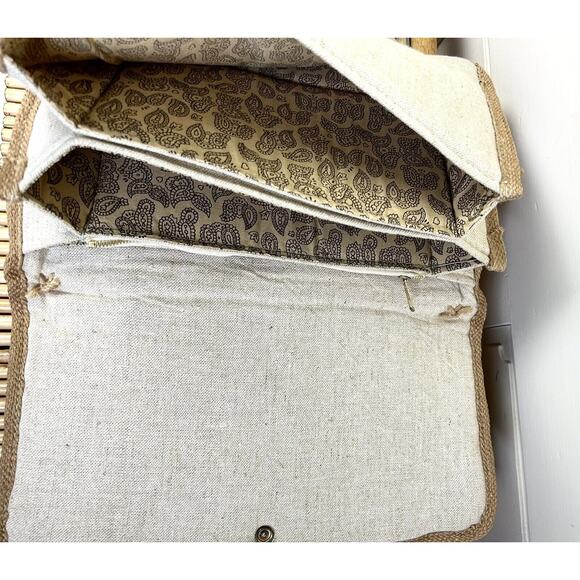 Clutch/Summer Handbag-Bamboo Handle Lgt.Tan/Navy B. - Picture 5 of 10